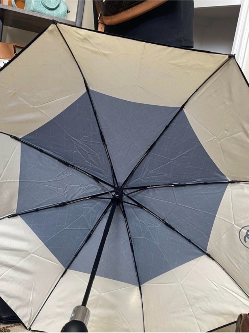 CHANEL Black and Cream Logo Compact Umbrella - Picture 3 of 6